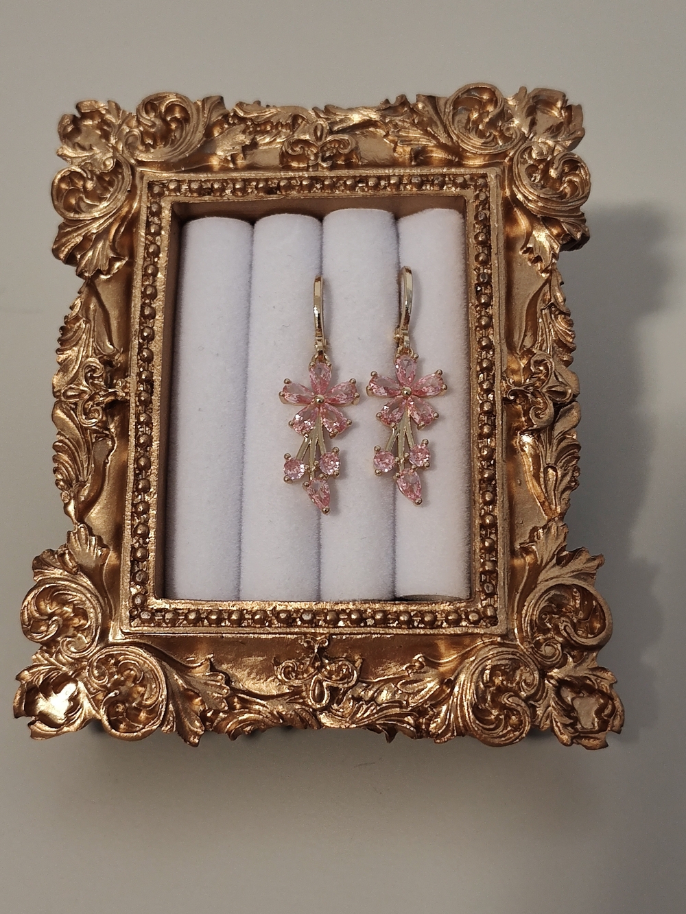 Delicate Pink Floral Dangle Earrings - Gold Tone